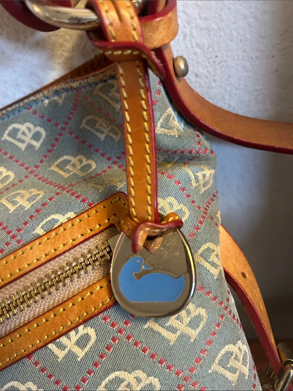 Women’s Shoulder Bag in Blue and Tan with Patterned Monogram